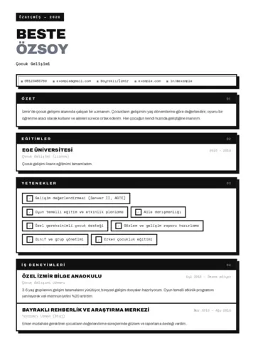 Çocuk Gelişimi Bölümü CV Örnekleri cv indir